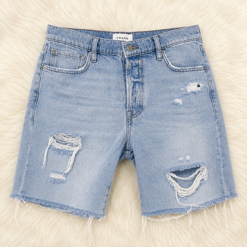 FRAME Le Slouch Bermuda Denim Shorts Womens 27 Light Wash Distressed Boho 90s - Picture 2 of 7